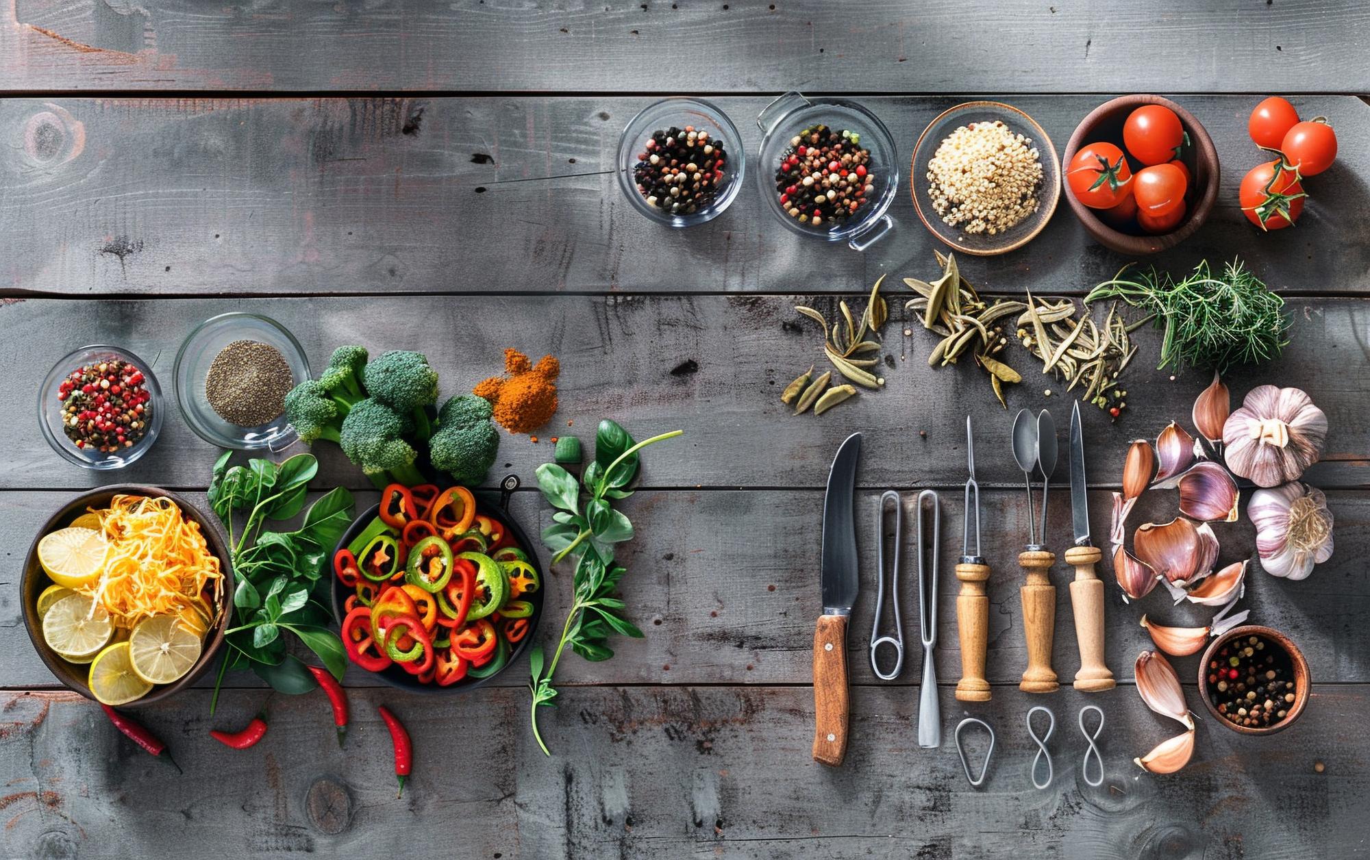 Workshop table with fresh ingredients and utensils