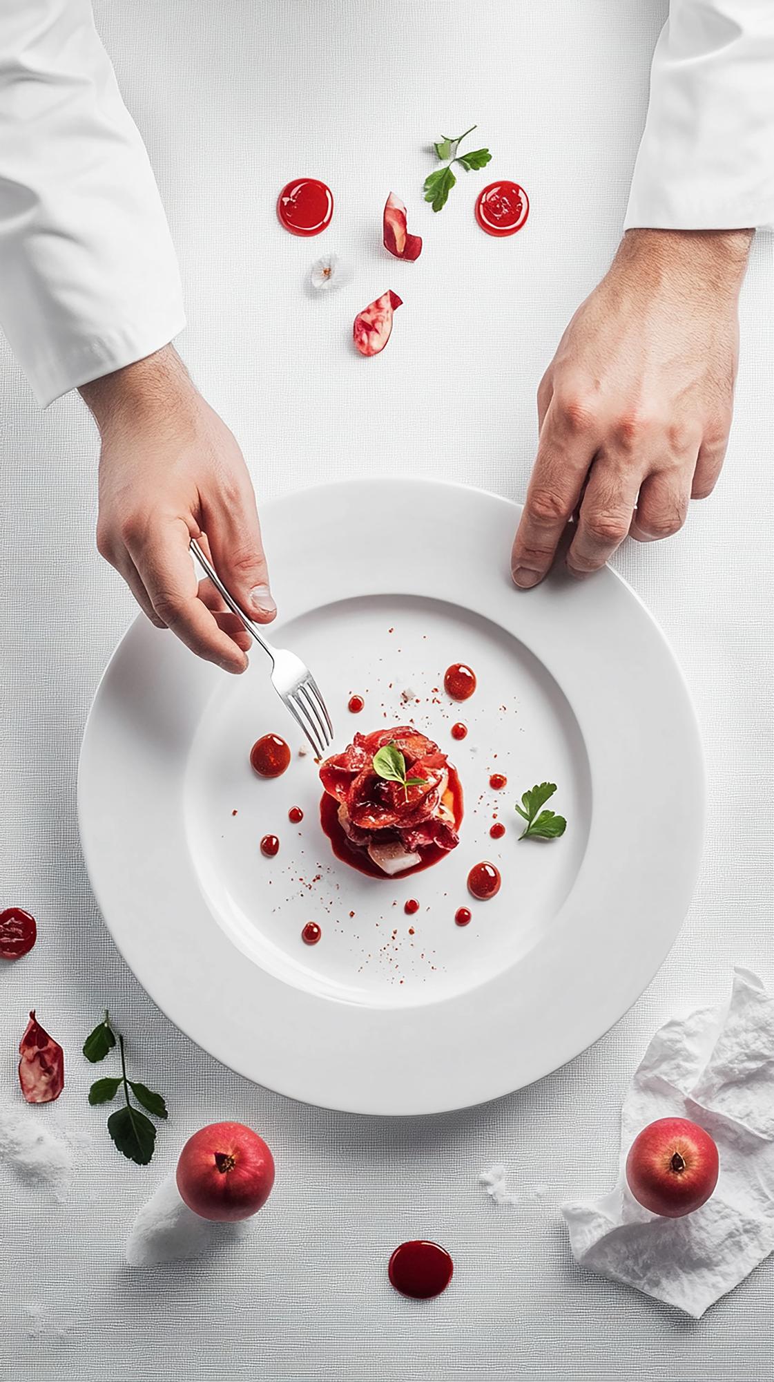 Chef arranging a plated dish with playful garnishes